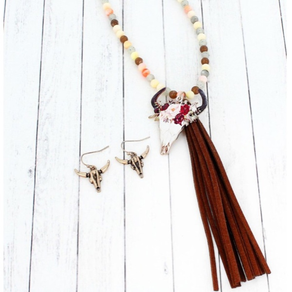 Floral Cow Steer Head Beaded Tassel Necklace Set
